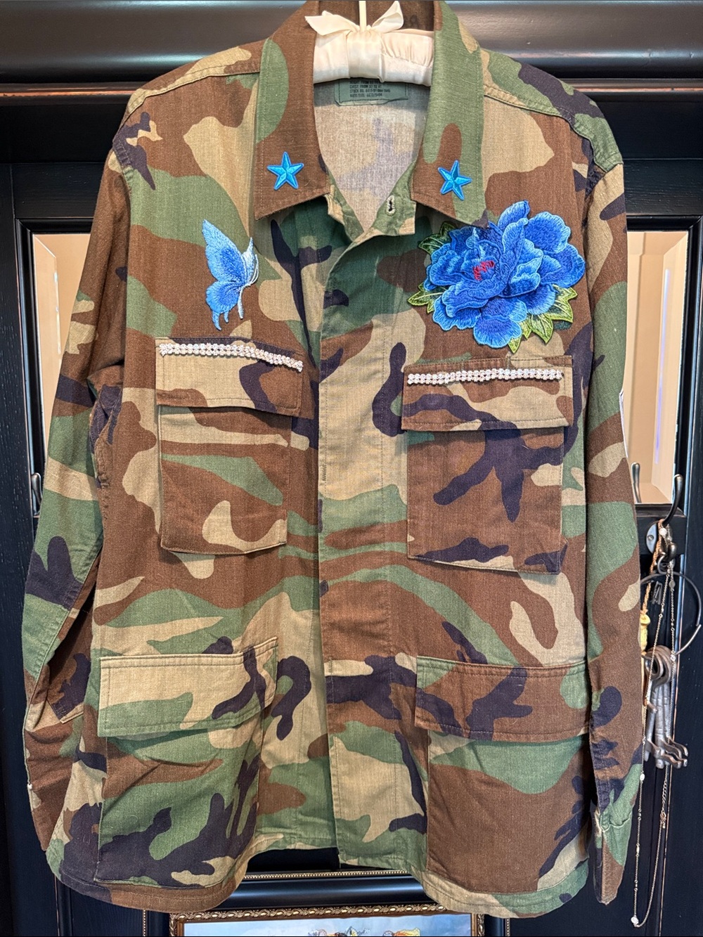 Camouflage Utility Jacket with Blue Floral & Butterfly Appliqués